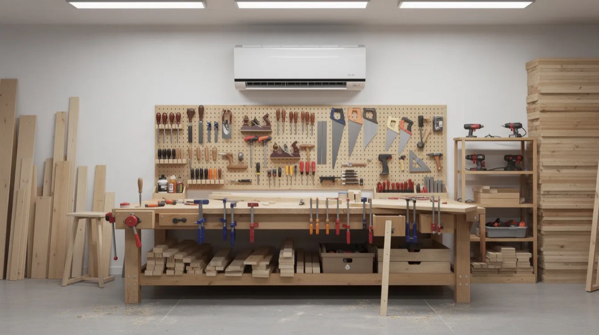 Best DIY mini split for a workshop: a 12,000 BTU wall-mounted ductless mini split head above the pegboard and workbench in a woodworking shop