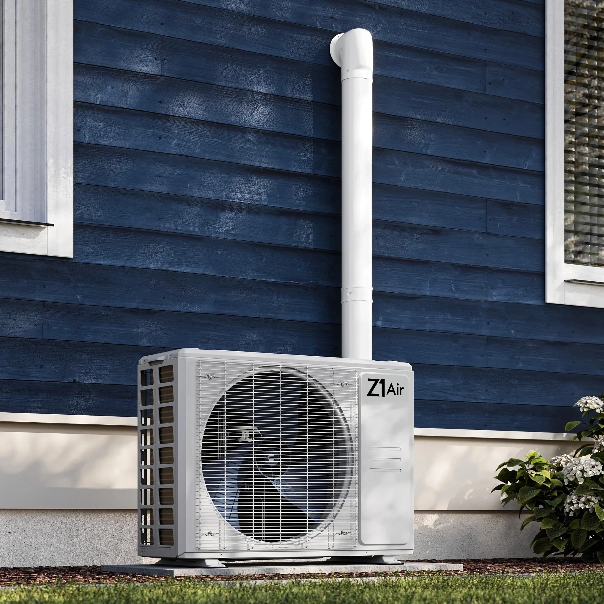 Zone Air outdoor heat pump condenser installed on a home's exterior wall with line-set cover
